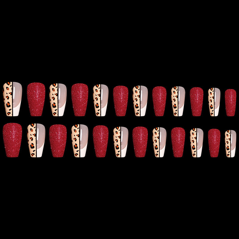 Red Jump Color Leopard Print Ballet False Nails - WOMONA.COM