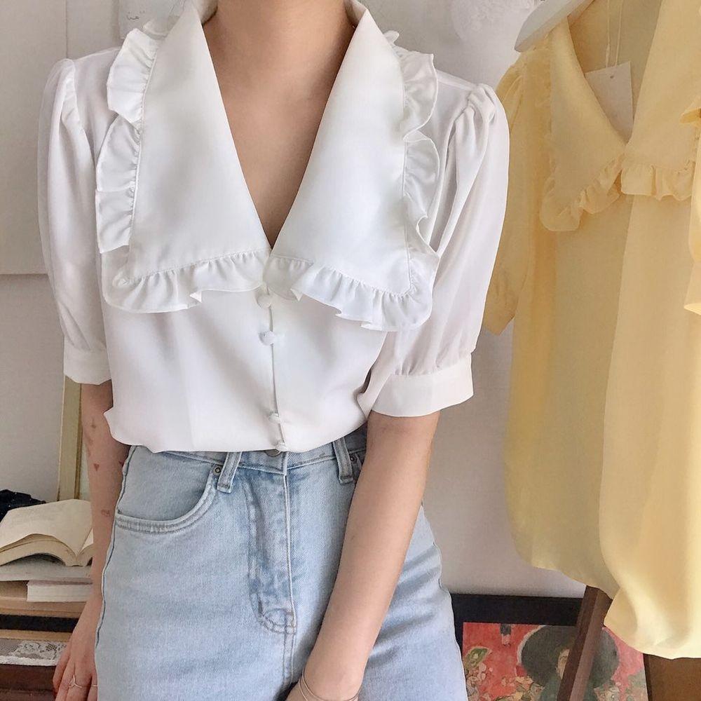 Sweet Short White Chiffon Blouse Women - WOMONA.COM