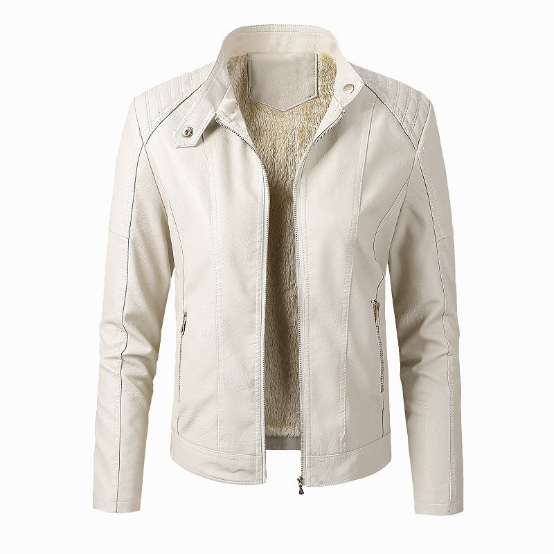Women's velvet-lined stand-collar faux leather jacket