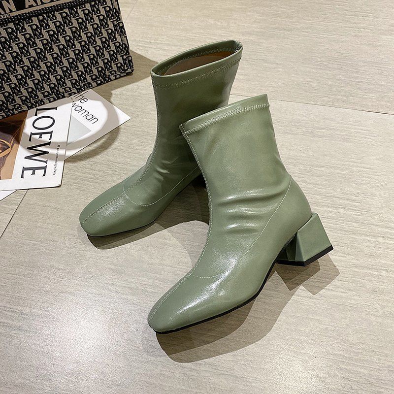 Square Toe Thin Elastic Mid-Heel Martin Boots Women - WOMONA.COM