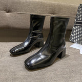 Square Toe Thin Elastic Mid-Heel Martin Boots Women - WOMONA.COM