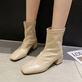 Square Toe Thin Elastic Mid-Heel Martin Boots Women - WOMONA.COM