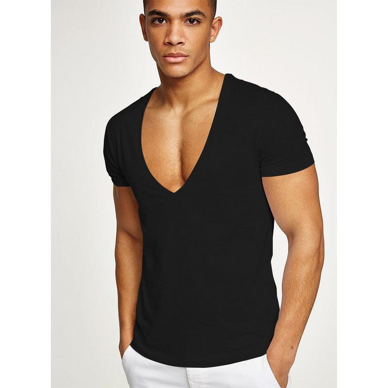 Men's black deep V-neck short-sleeve cotton t-shirt