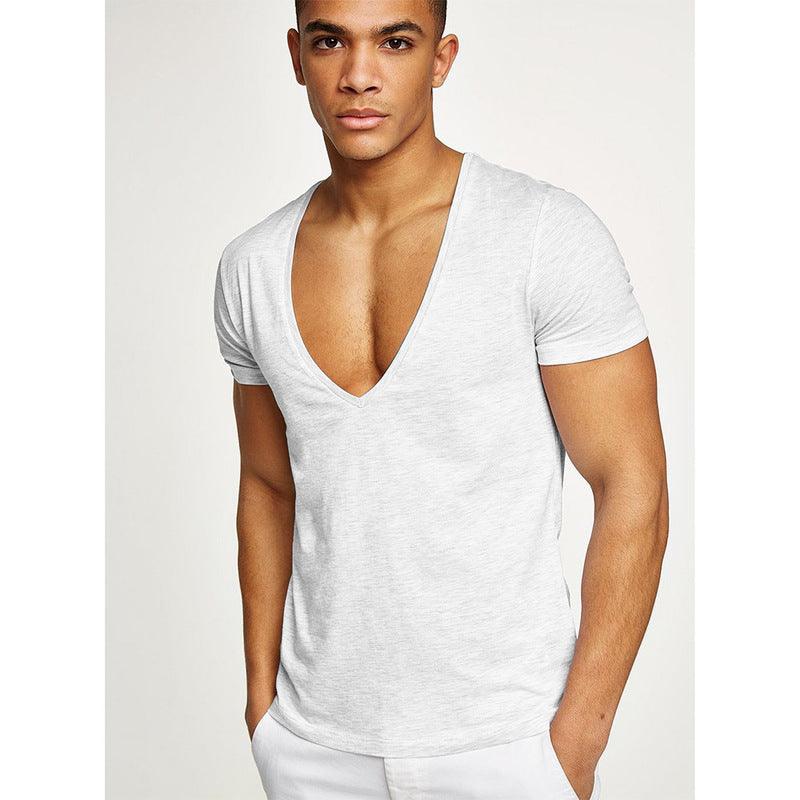 Men's heather gray deep V-neck short-sleeve cotton t-shirt