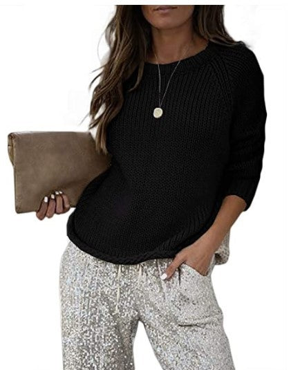Women's Crew Neck Thick Knit Sweater - WOMONA.COM