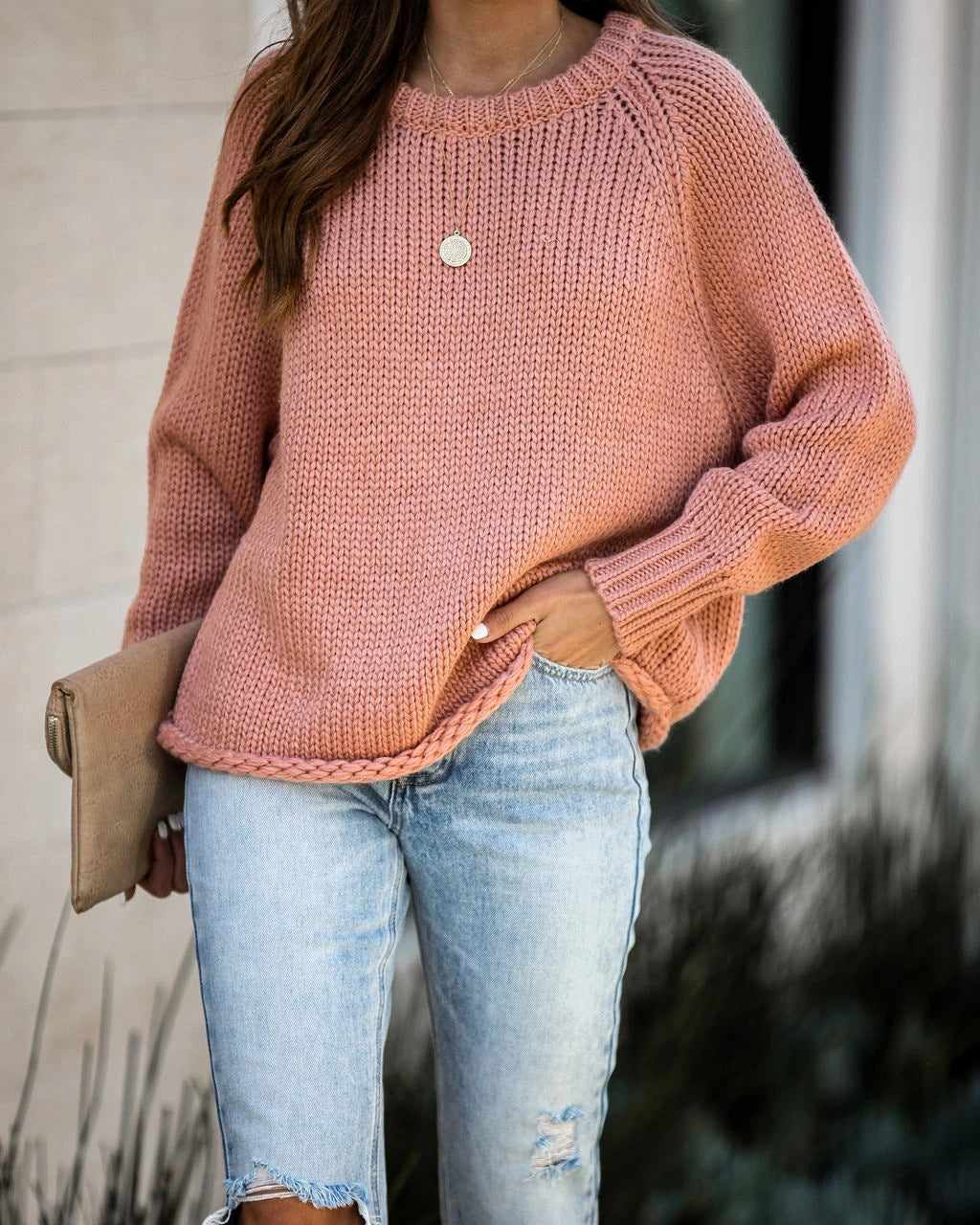 Women's crew neck thick knit sweater