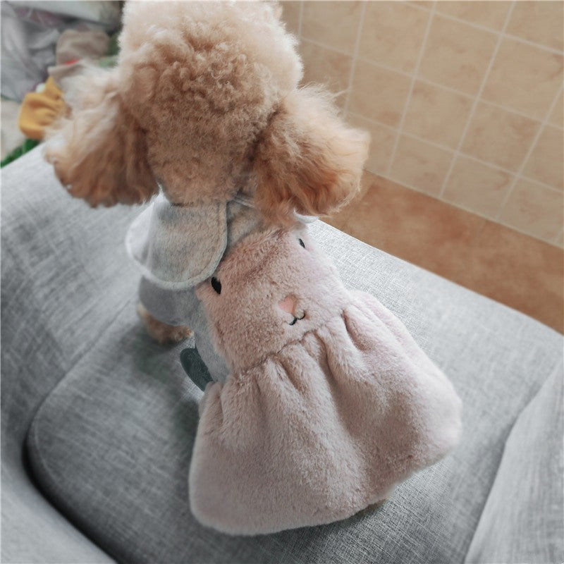 Light pink plush rabbit hoodie dress with long ears and bunny face on front
