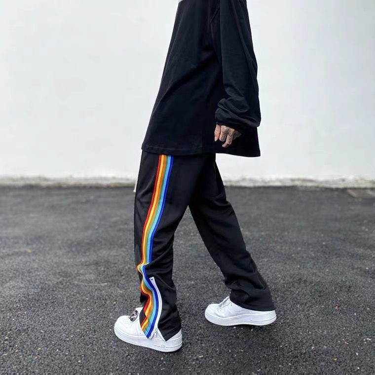 Side Rainbow Zipper Casual Pants Fall Feeling Split Straight Men - WOMONA.COM