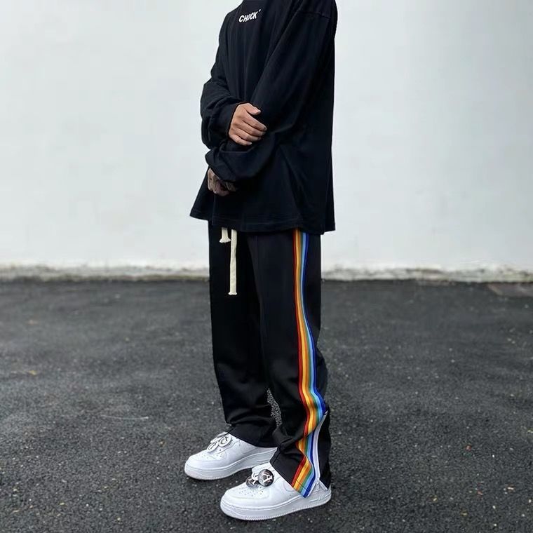 Side Rainbow Zipper Casual Pants Fall Feeling Split Straight Men - WOMONA.COM