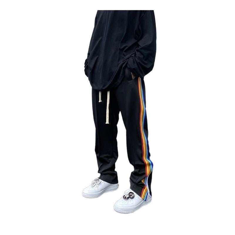 Side Rainbow Zipper Casual Pants Fall Feeling Split Straight Men - WOMONA.COM