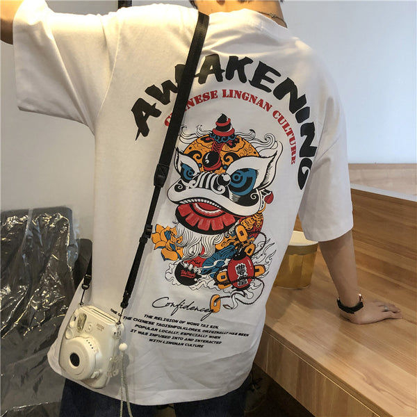 Camiseta de manga corta para hombre, estilo Harajuku, holgada, de moda para estudiantes, de manga media