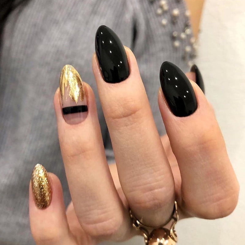 Black Gold Glitter Pointed Wear Nail Art Finished Fake Nails - WOMONA.COM