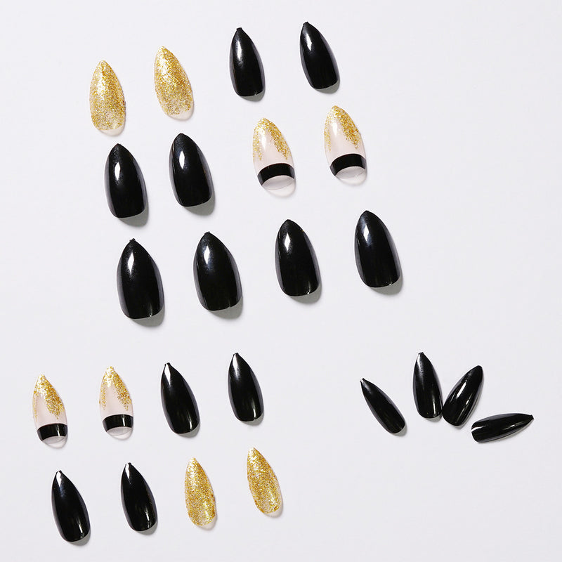 Black Gold Glitter Pointed Wear Nail Art Finished Fake Nails - WOMONA.COM