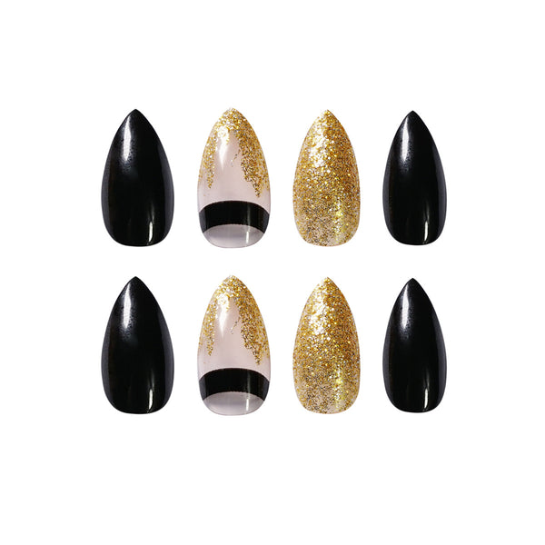 Black Gold Glitter Pointed Wear Nail Art Finished Fake Nails - WOMONA.COM
