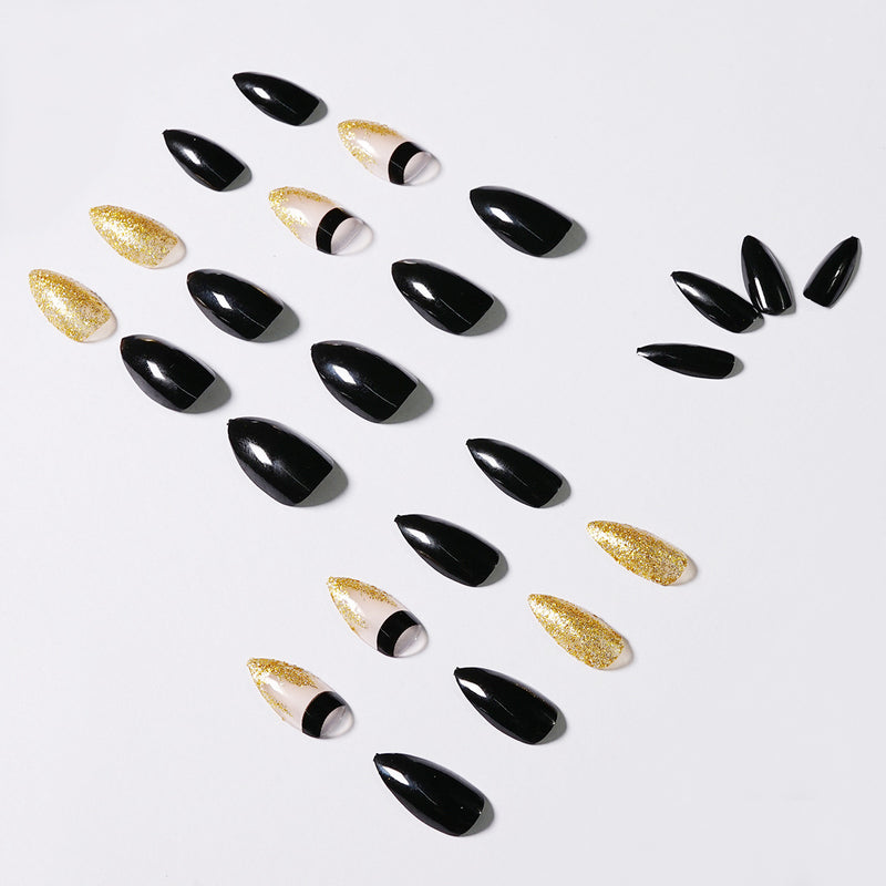 Black Gold Glitter Pointed Wear Nail Art Finished Fake Nails - WOMONA.COM