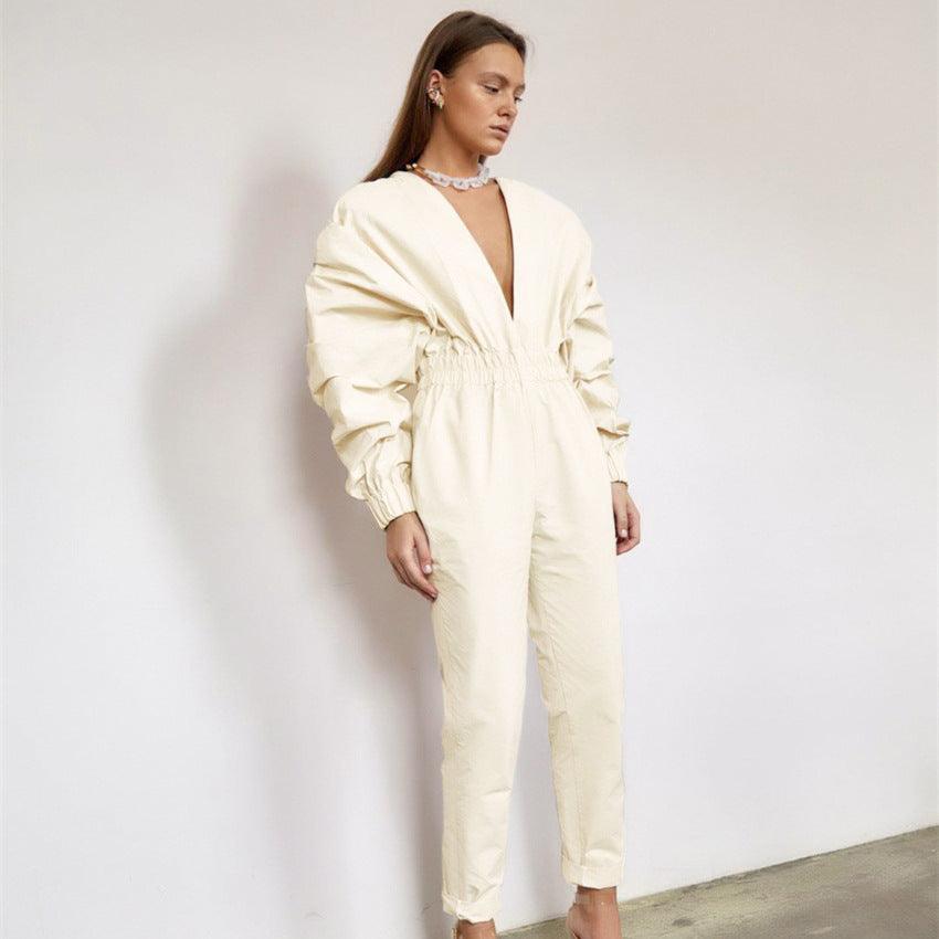 Off-white V-neck high-waist jumpsuit with long puff sleeves and gathered waist