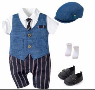 Infant boy formal outfit set with blue vest, white shirt, striped pants, beret, socks, shoes