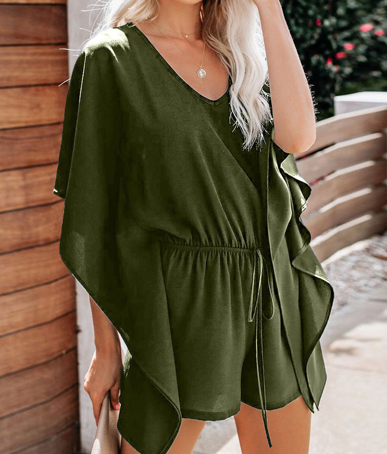 Olive green V-neck drawstring-waist loose short romper with wide draped sleeves