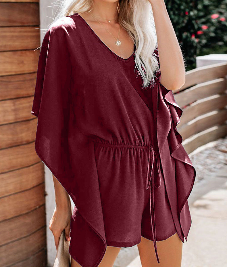 Maroon V-neck drawstring-waist loose short romper with wide draped sleeves