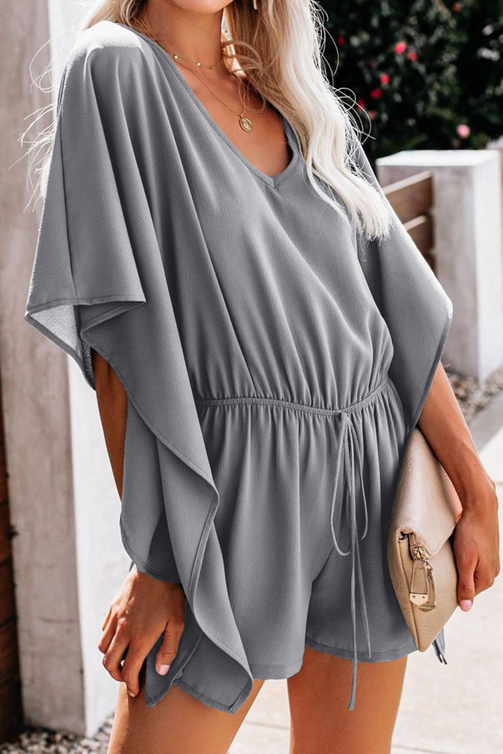 Gray V-neck drawstring-waist loose short romper with wide draped sleeves