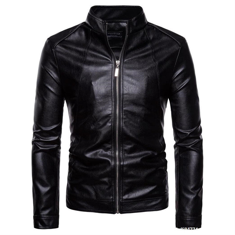 Men's black stand-collar PU leather motorcycle jacket