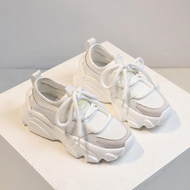 Women's white mesh lace-up platform sneakers with chunky sole