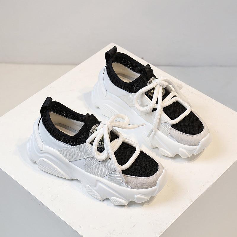 Women's black-and-white mesh lace-up platform sneakers with chunky sole
