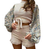 Slim Printed Lantern Sleeve Lace Shorts Two-piece Suit - WOMONA.COM