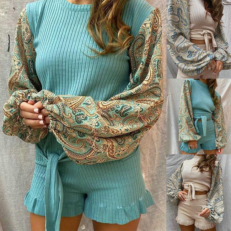 Slim Printed Lantern Sleeve Lace Shorts Two-piece Suit - WOMONA.COM