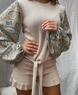 Slim Printed Lantern Sleeve Lace Shorts Two-piece Suit - WOMONA.COM