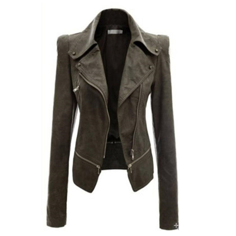 Women's Slim-Fit Motorcycle With Zipper Two-Wear Leather Jacket - WOMONA.COM