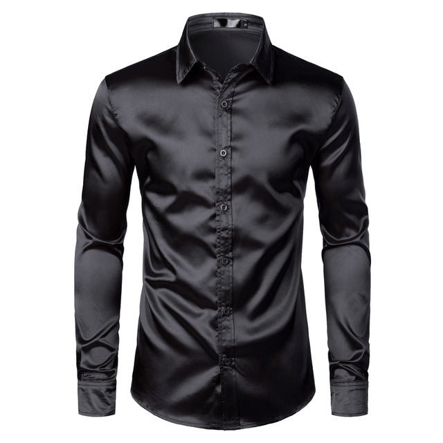 Mens Black Satin Dress Shirts - WOMONA.COM