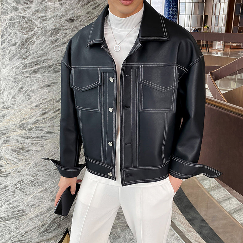Men's loose multi-pocket leather-look moto jacket