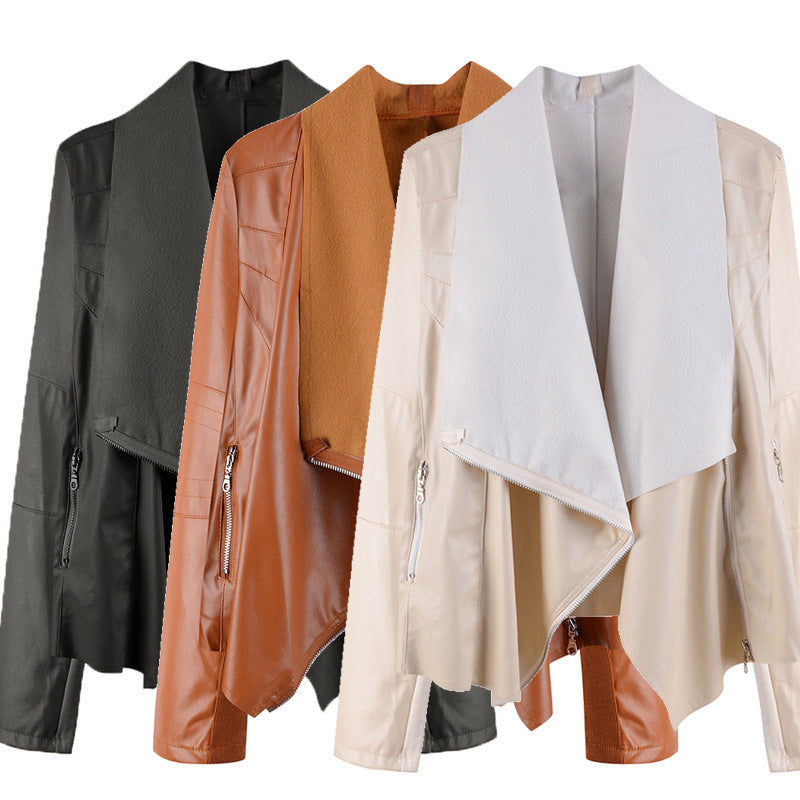 Women's Casual Short Lapel Women's Leather Jacket - WOMONA.COM