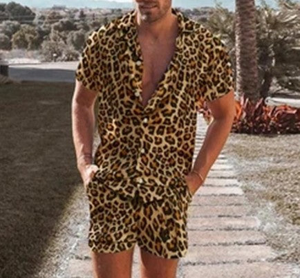 Men's Leopard Print Short Sleeve Shirt and Shorts Set