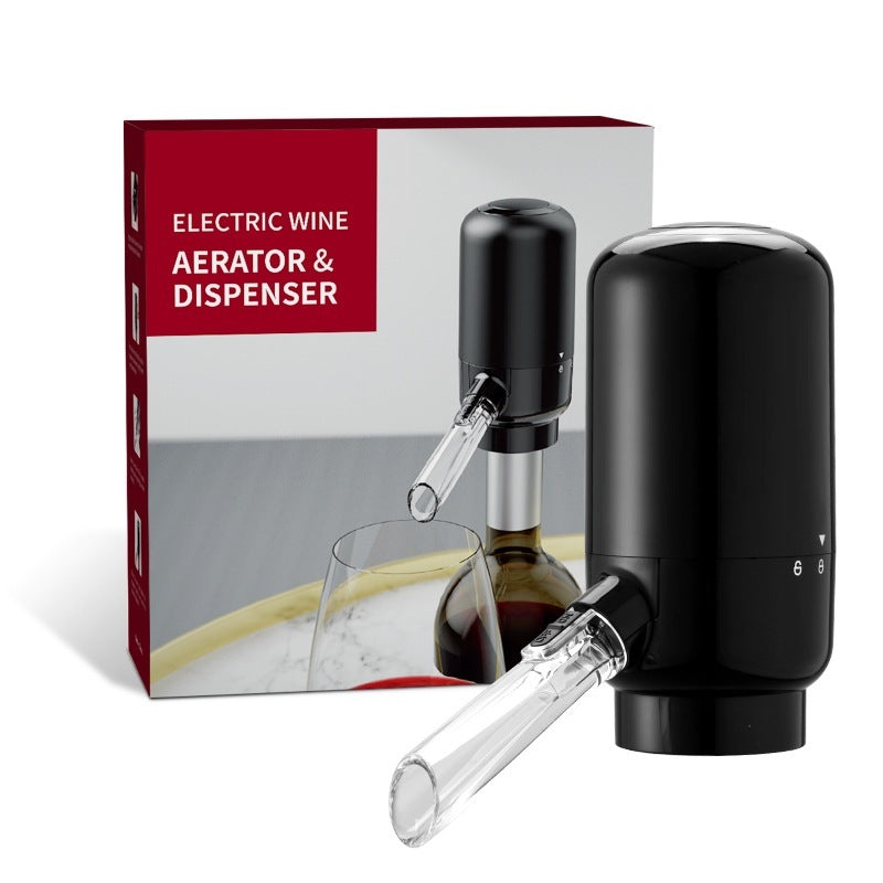 Black electric wine dispenser with clear spout tube and included retail package box