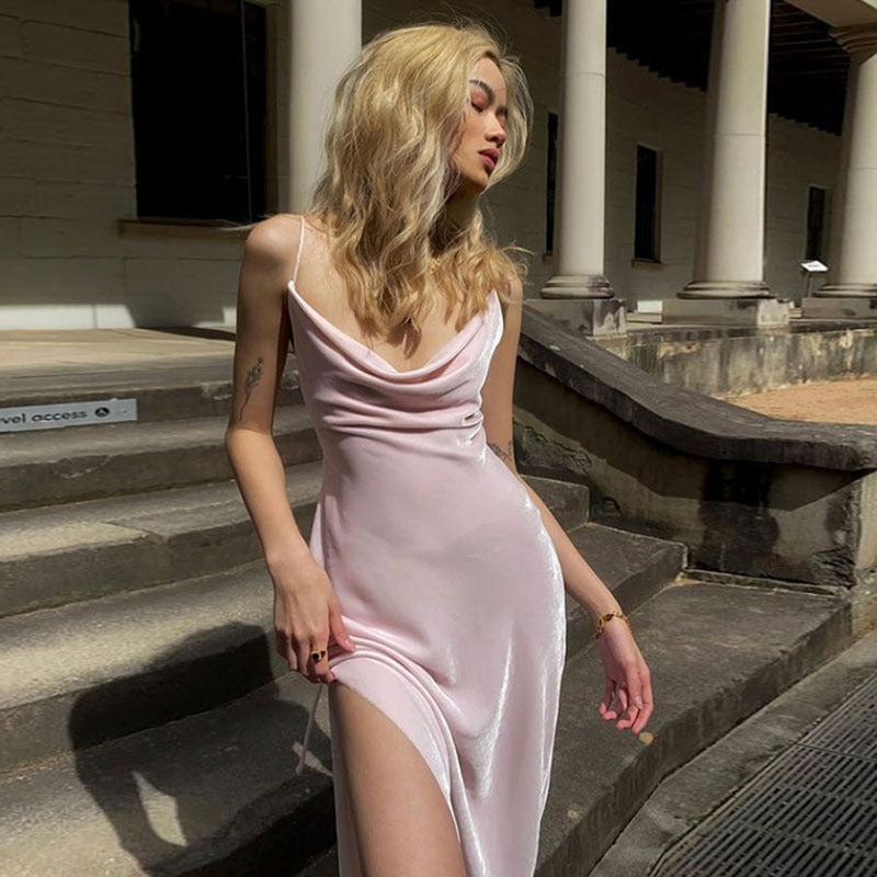 Women's pink velvet strap midi dress with slit