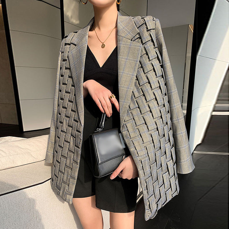 Women's Relaxed Plaid Open-Front Blazer, Gray Plaid - product view 1