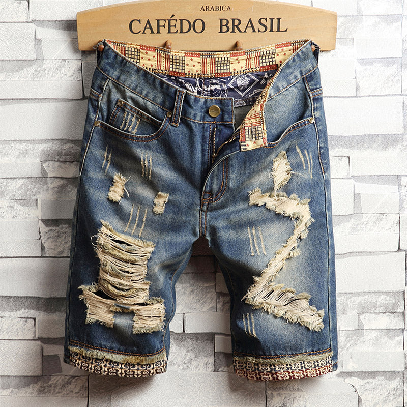 Trend big hole jeans short pants men\'s summer - WOMONA.COM