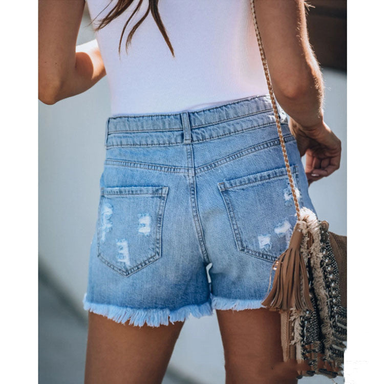 Fringed Denim Shorts Ripped Stitching Ladies Jeans - WOMONA.COM
