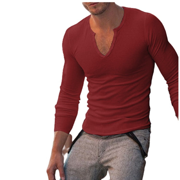 Solid Color Everyday Fashion V-neck Pullover Long Sleeve Men - WOMONA.COM