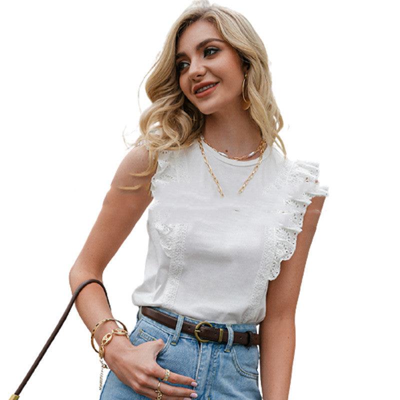 Round Neck Sleeveless Lace Stitching Blouse Women - WOMONA.COM