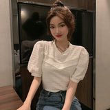 Blue Shirt Women Sleeve Puff Sleeve French Blouse - WOMONA.COM