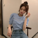 Blue Shirt Women Sleeve Puff Sleeve French Blouse - WOMONA.COM