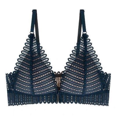 Dark blue thin-cup lace bra with scalloped V neckline and adjustable straps