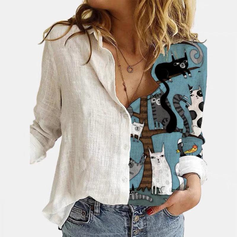 Cartoon Print Stitching Lapel Long-sleeved Button Blouse Women - WOMONA.COM