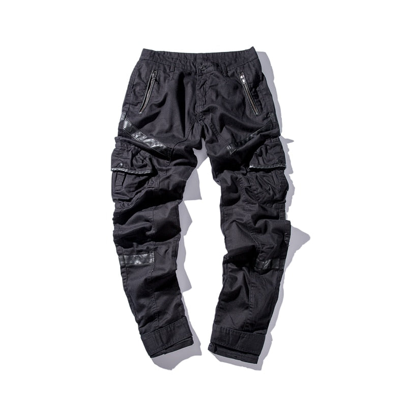 Men High Street Fashion Leather Pocket Splice Casual Cargo Pant - WOMONA.COM