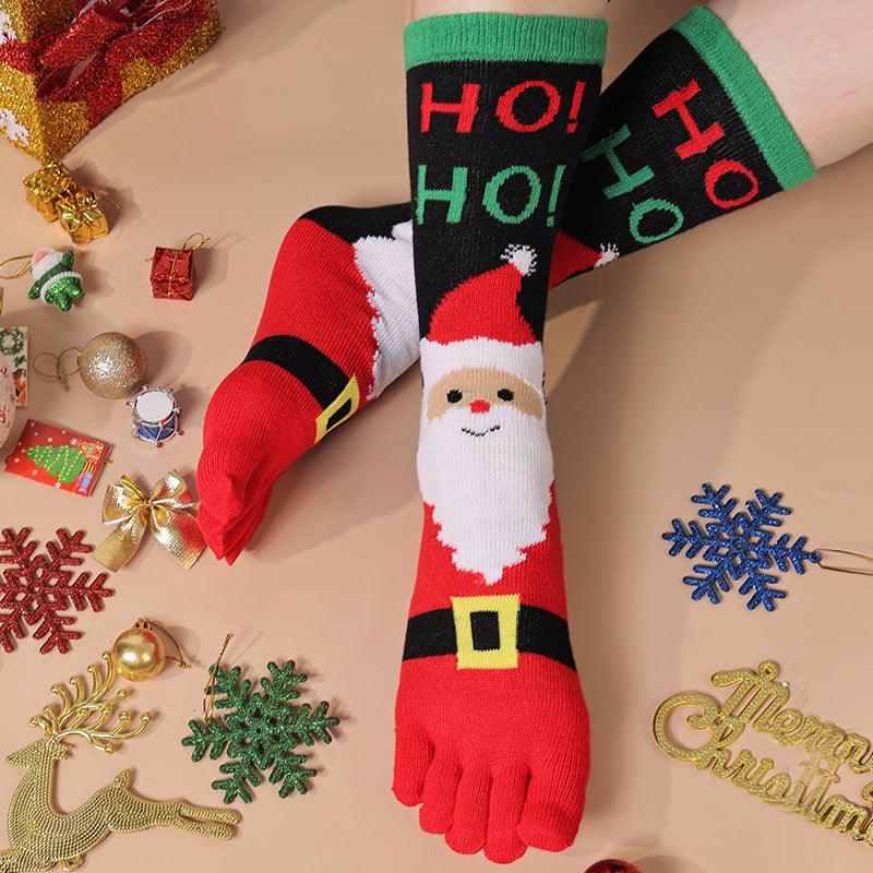 Christmas five-toe socks in red, black, and white with Santa face and HO HO HO text