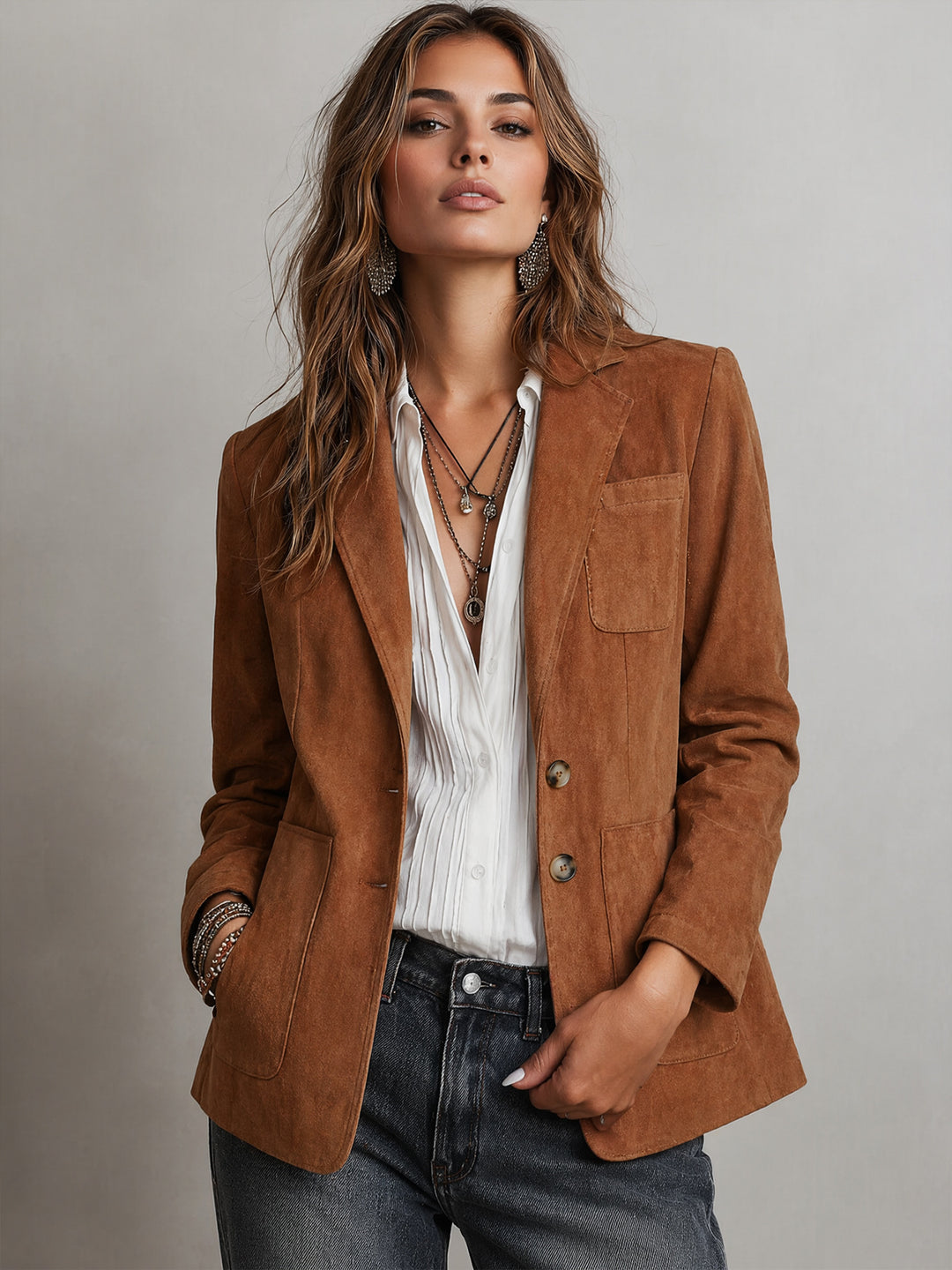 Brown suede-look suit coat with notch lapels, button front, and chest flap pockets