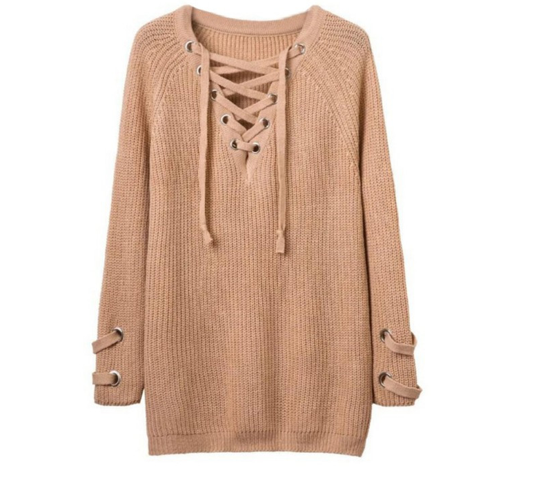 V Neck Mesh Lace Up Sweater Striped Bandage - WOMONA.COM